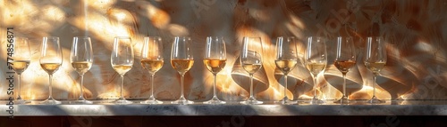 Row of various wine glasses with different types of wine, elegantly backlit. Tasting and degustation concept