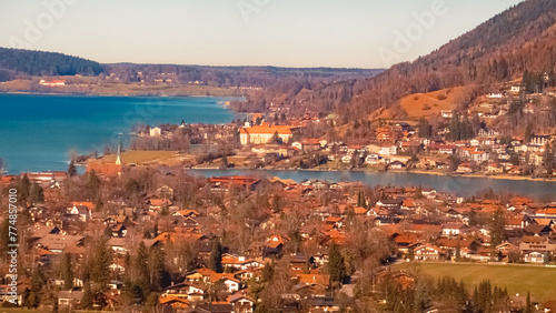 Aerial winter view of Rottach-Egern, Lake Tegernsee, Miesbach, Bavaria, Germany