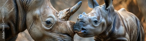 Rhino mother and calf in a tender moment, close-up on their bond, the gentle side of exotic mammals.