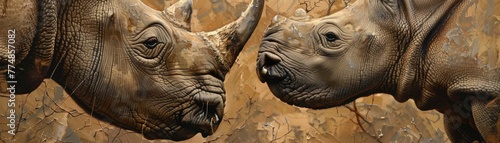 Close-up capture of a rhinoceros mother and her calf, portraying their affectionate connection in a tender scene, highlighting the gentle nature of these exotic mammals.