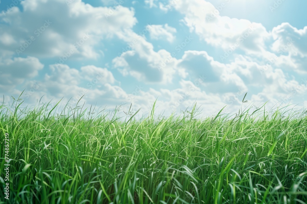 Green grass on a background against a blue sky with clouds on a sunny day Green grass on a background against a blue sky with clouds on a sunny day