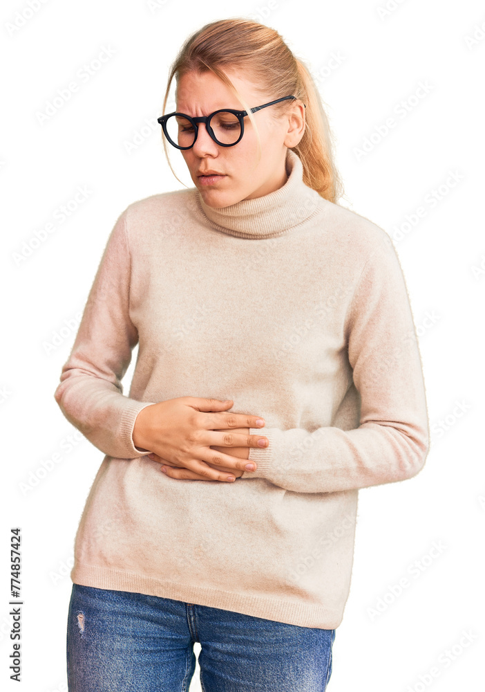 Φωτογραφία Young beautiful blonde woman wearing turtleneck sweater and glasses with hand on stomach because indigestion, painful illness feeling unwell