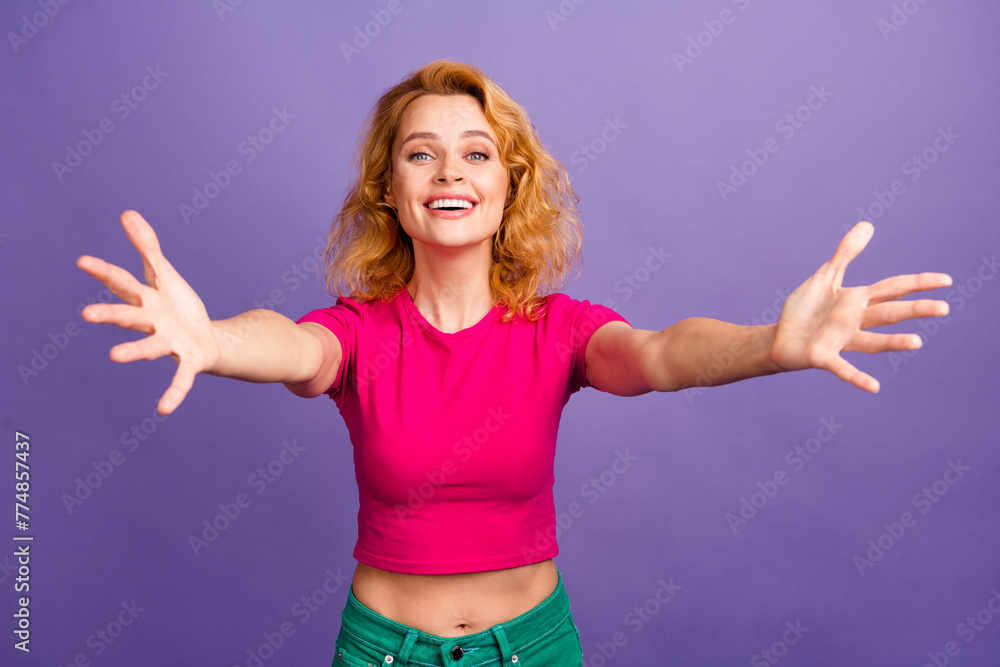 Photo of lovely adorable woman wear trendy pink clothes hug you invite come here isolated on purple color background - obrazy, fototapety, plakaty 