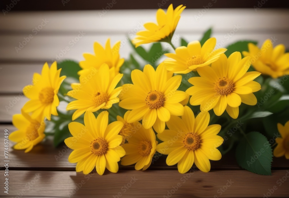 Obraz premium Bunch of Yellow Flowers on Wooden Table