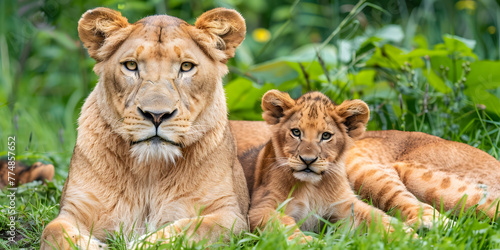 Lioness and cub resting in the grass Leoa e filhote descansando na grama