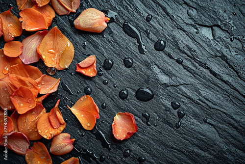 Composition with orange flower petals on black wet stone background. Spa concept. Perfumery industry and advertisement.