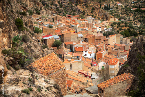 View from above of the village of Ayna, Albacete, Castilla la Mancha, Spain, with its red-roofed old town