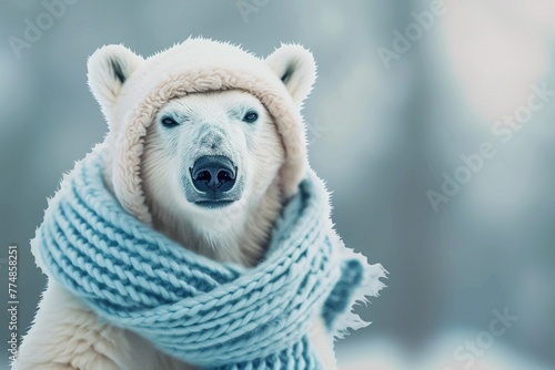 Portrait of an cute polar bear with fluffy white winter cap and pastel blue scarf. Copy space. Generative AI. photo
