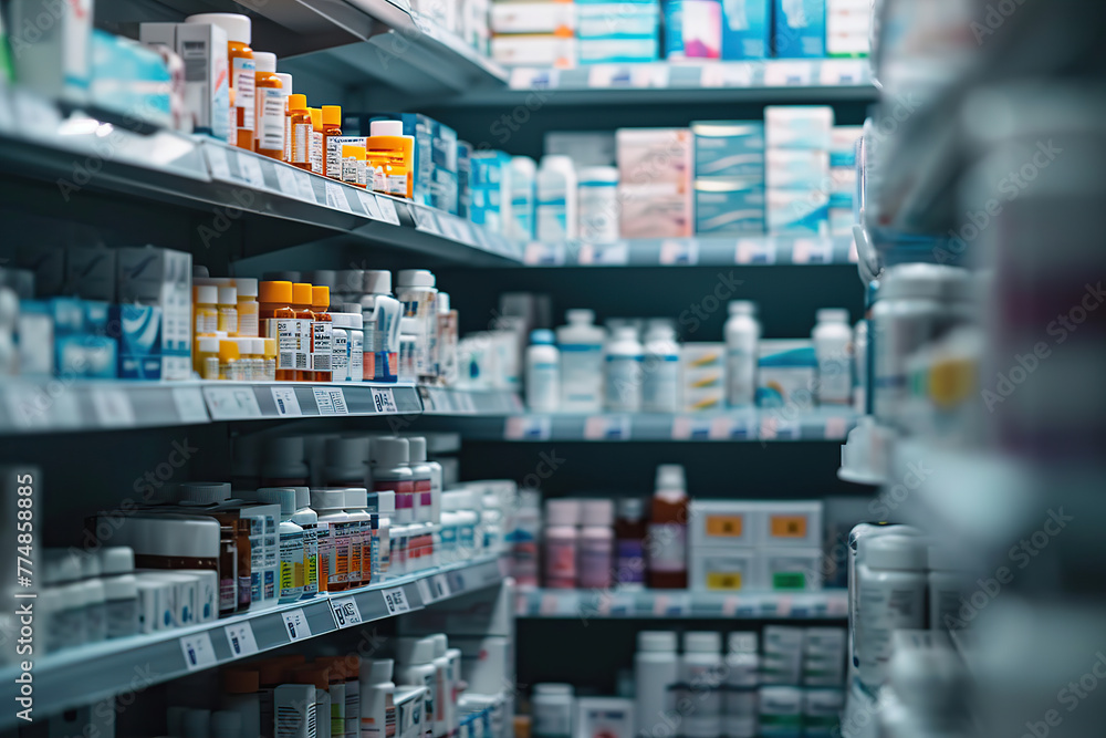 Blurred defocused pharmacy and medicine background with healthcare, pills and shelf with boxes, bottles and treatment. Shop, medicines and packaging as a background. Retail Stores.