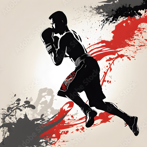 Dynamic Muay Thai Fighter Silhouette with Artistic Red Splash Background