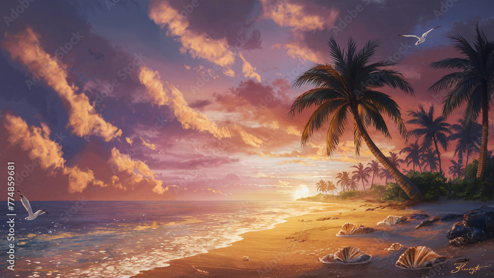 This is a scenic image of a tropical beach taken at sunset. The photograph perfectly captures the silhouettes of lush palm trees and energetic seagulls adding life to the tranquil scene. Also not...