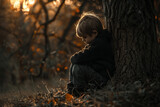Jeune garçon qui est triste, boude et se repose assis au pied d'un arbre dans la forêt