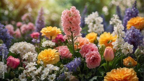 Bright floral background. Spring summer background. Festive floral background. Many spring summer flowers
