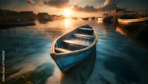 A professional photograph of a small wooden boat with rustic blue paint, resting by the shore of a calm sea during sunset