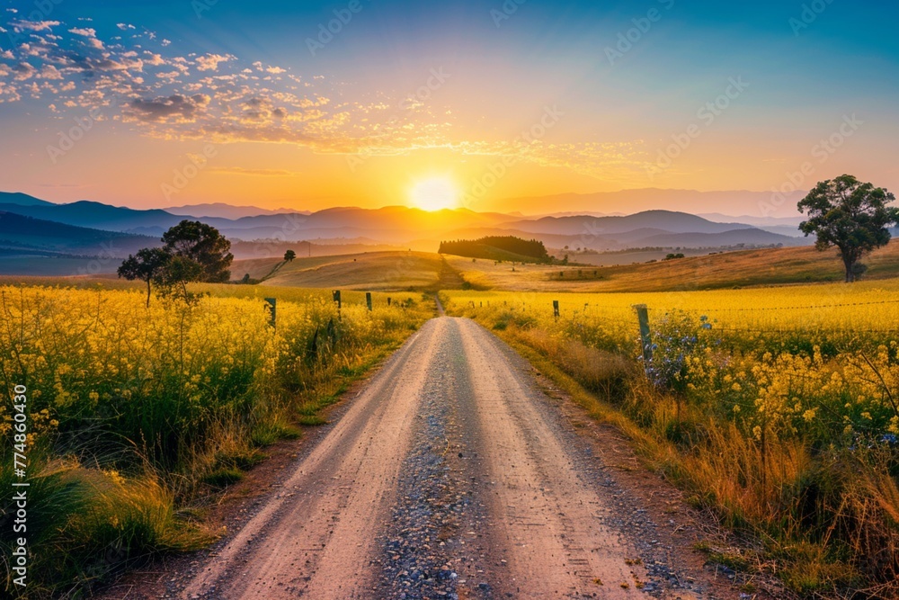 Road to the sun. Beautiful yellow field countryside landscape