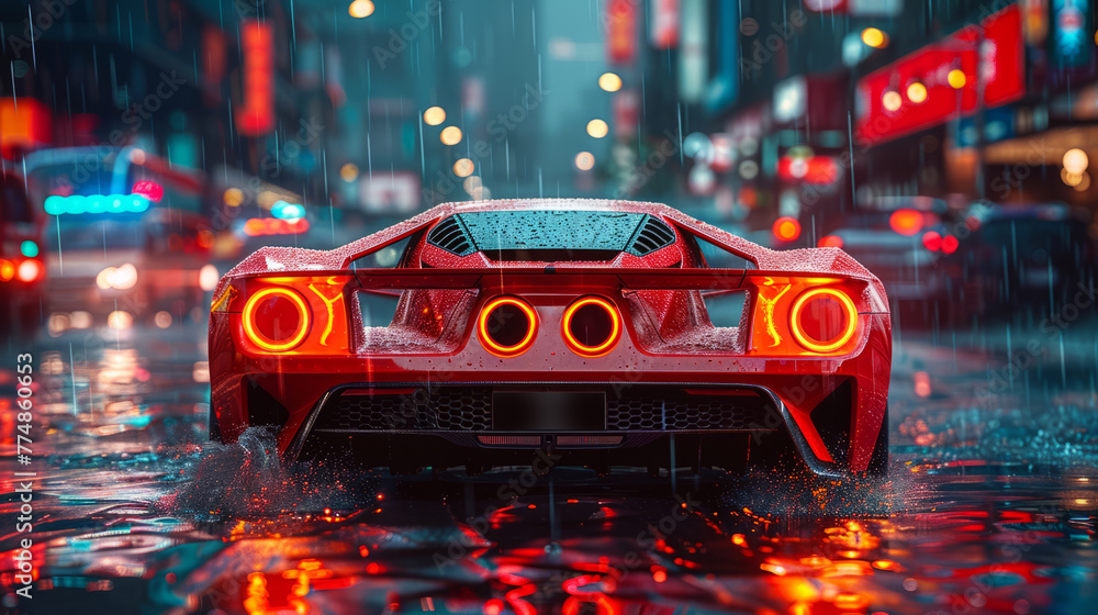 An illustration of the concept of a sports car moving along an asphalt road in the city during the rain. A competition or a race An illustration of the concept of a sports car moving along an asphalt road in the city during the rain. A competition or a race