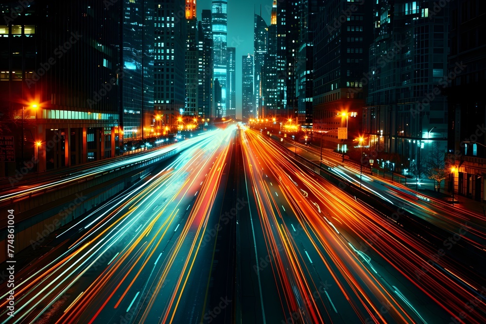 Captivating Motion Blur of Urban Nightscape with Streaking City Lights along the Highway