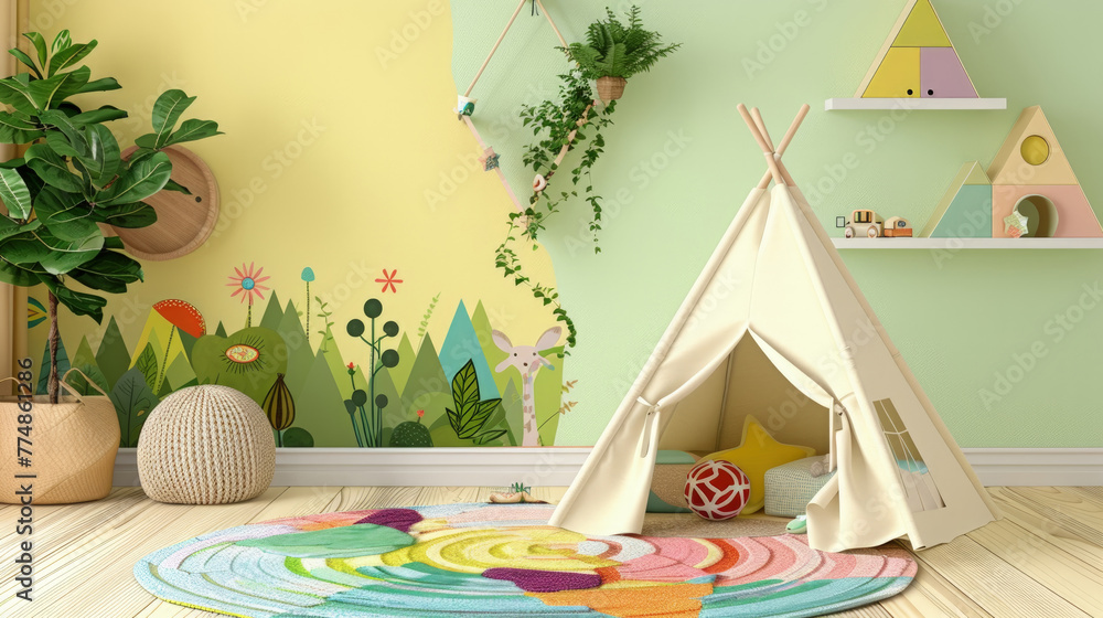 Childs playroom with a teepee tent set up in a cozy corner, surrounded by small potted plants