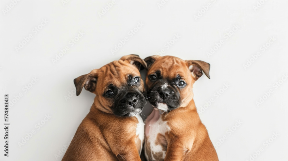 A pair of boxer puppies snuggling together, soft gaze towards the camera