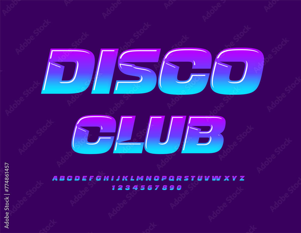 Vector modern logotype Disco Party. Glossy Colorful Font. Decorative Alphabet Letters and Numbers. - obrazy, fototapety, plakaty 