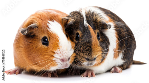 A couple of brown and white hamsters are seated next to each other, showcasing their fluffy fur and small, twitching noses