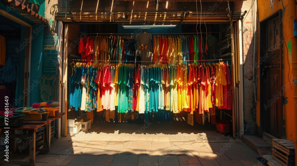 Vibrant textiles hang in the sunlight at a market stall, creating a warm, inviting atmosphere
