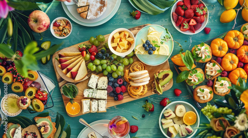 Table showcasing a variety of different types of food, from fruits to meats, bread, cheese, and desserts