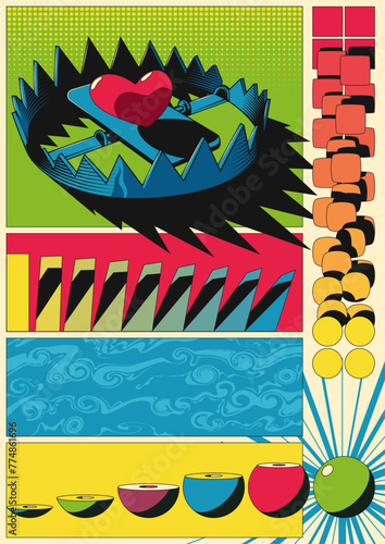 Trap and Heart Poster Template. Mantrap, Deadfall, Abstract Geometric Shapes, 1980s Color Background 