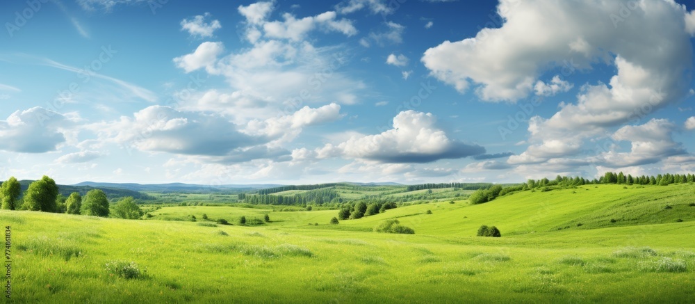 Lush green field with tall trees, a beautiful meadow, and fluffy white clouds in the clear sky
