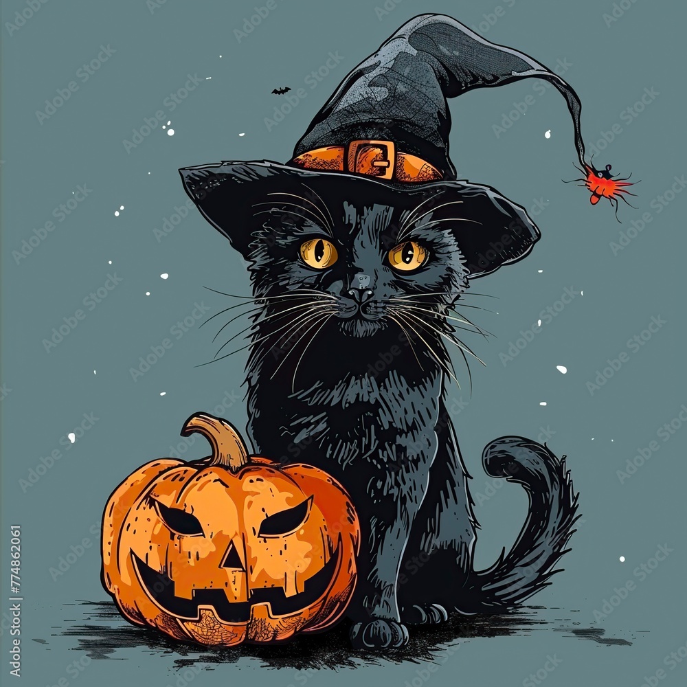 Black Cat Wearing Witches Hat Holding Pumpkin Black Cat Wearing Witches Hat Holding Pumpkin