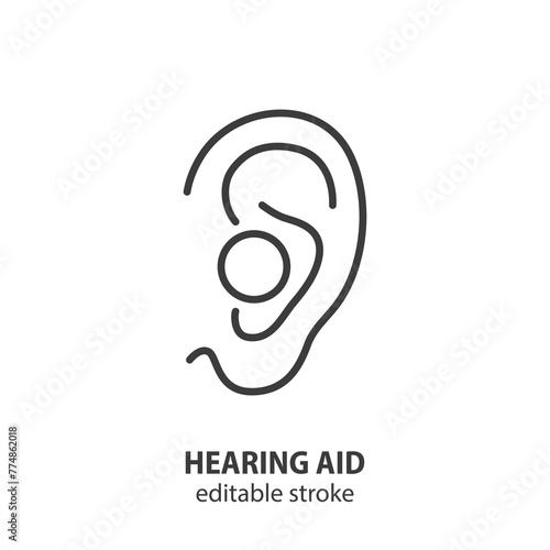 Hearing aid in ear line icon. Ear aid vector symbol. Editable stroke.