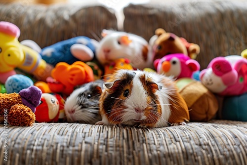 guinea pig on a sofa cushion surrounded by toys