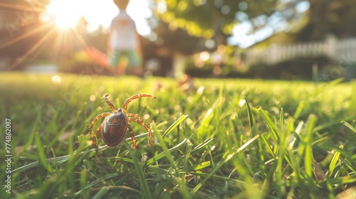 Dangerous tick crawls along the grass to a child playing on a green lawn. Dangerous animal. photo