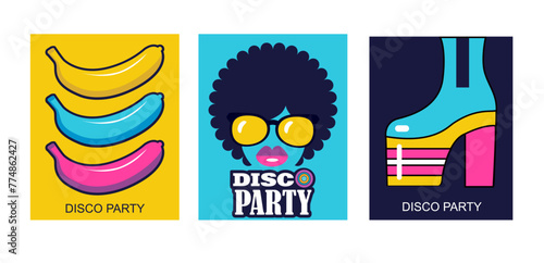 set of color pop art style designs for disco party