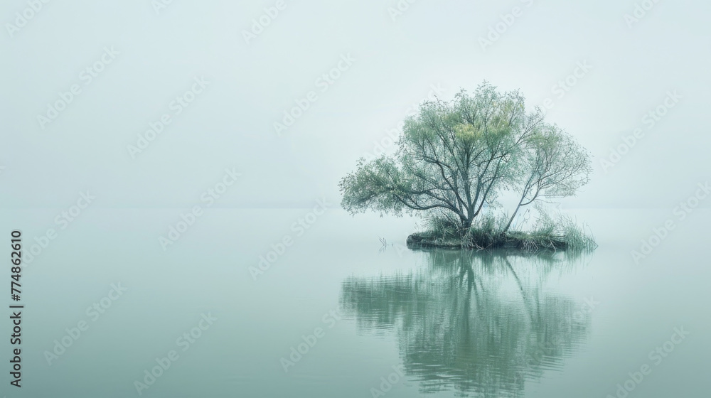 Naklejka premium A lone tree stands tall in the center of a calm lake, surrounded by still waters under a clear sky