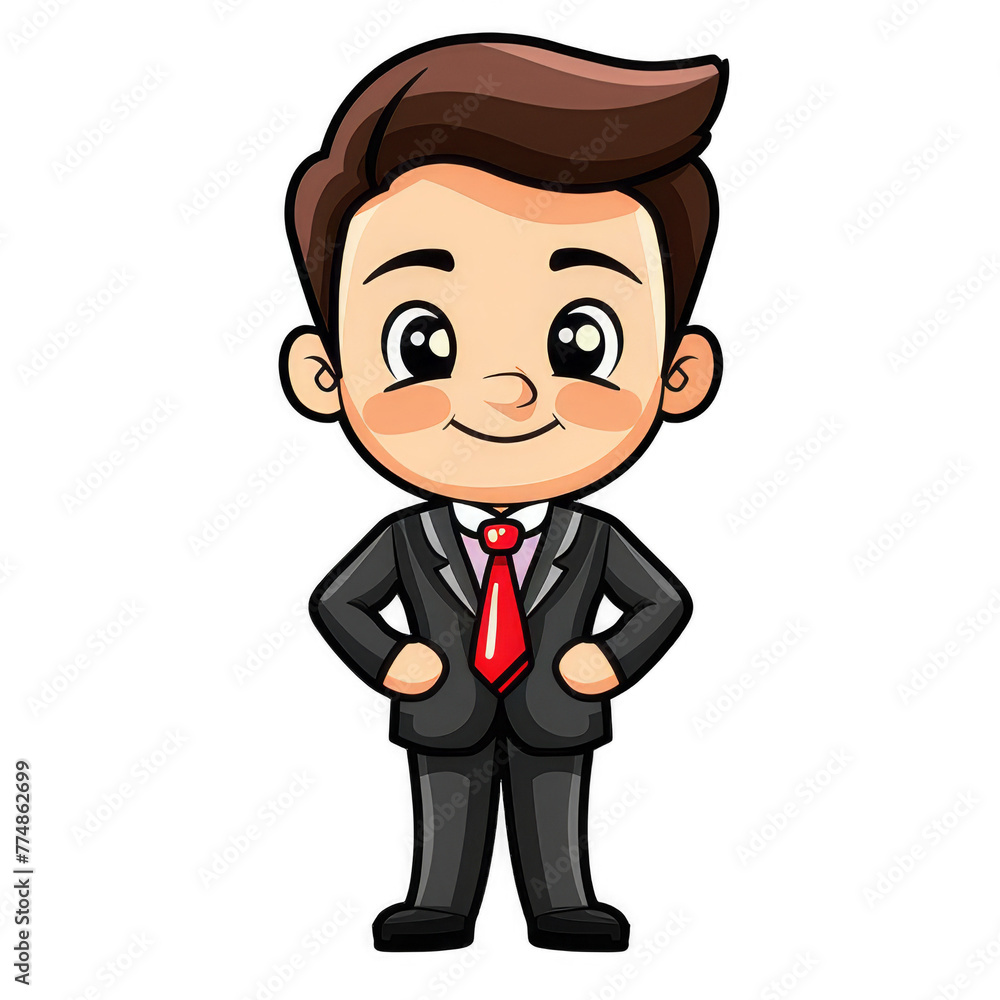 A cartoon man in a suit and tie with a red tie