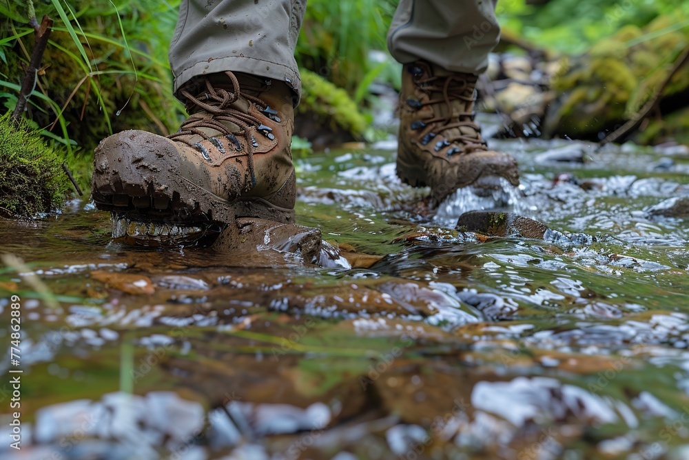person rinsing muddy hiking boots in a stream person rinsing muddy hiking boots in a stream