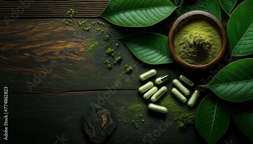 Fresh green Kratom leaves with pile of dry plant and natural herbal medicine powder capsule isolated on white backgroun