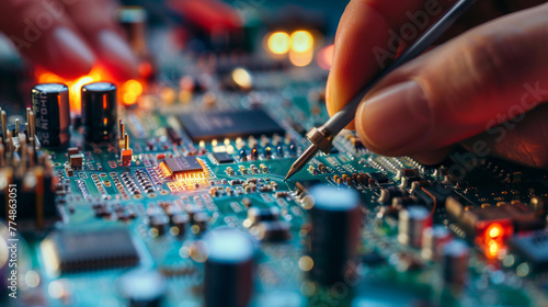 High-detail image of hands soldering components on a circuit board, capturing the intricate work of hardware programming and network device customization © elbanco