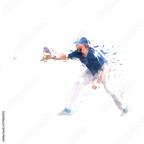 Baseball player catching ball, isolated low poly vector illustration, side view