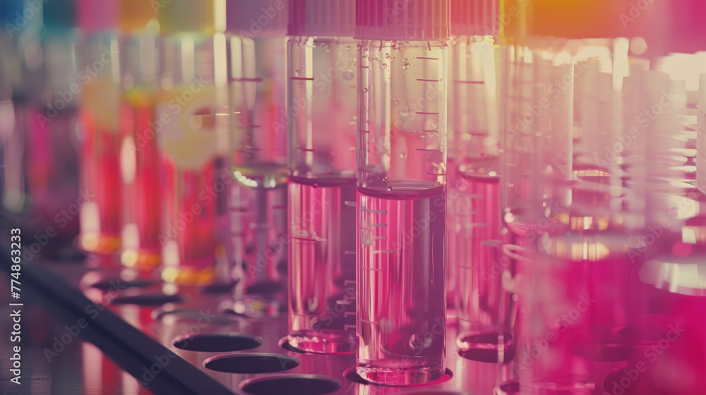 Multiple test tubes are lined up in a row, each containing a different colored liquid, possibly for scientific experimentation or analysis Multiple test tubes are lined up in a row, each containing a different colored liquid, possibly for scientific experimentation or analysis