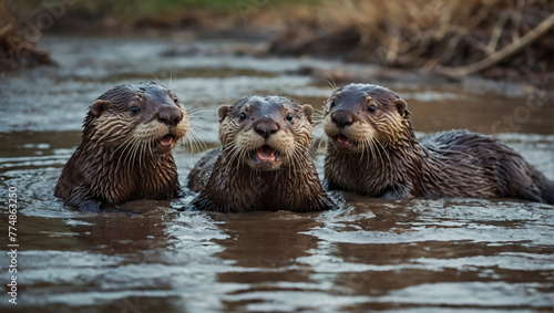 A group of playful otters sliding down a muddy riverbank. © xKas