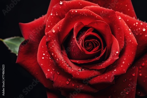 A detailed close-up of a dew-covered red rose, highlighting its intricate petals and romantic beauty. Close-up of Dewy Red Rose Elegance