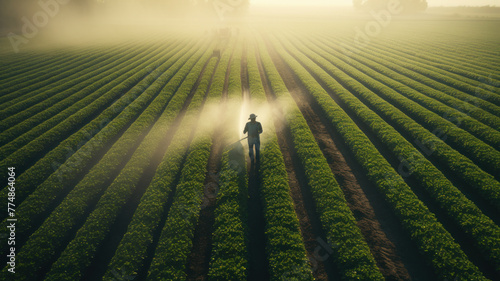 farmer fumigating in field at sunset photo