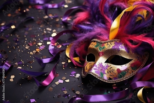 An ornate carnival mask adorned with feathers, sequins, and ribbons lies amidst festive glitter and confetti. Vibrant Carnival Mask with Feathers and Glitter © Anatolii