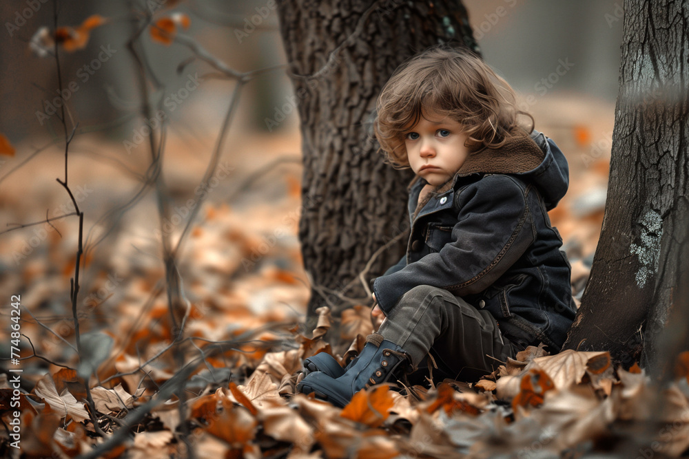 Petit garçon triste dans la forêt assis au pied d'un arbre - obrazy, fototapety, plakaty 