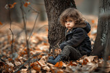 Petit garçon triste dans la forêt assis au pied d'un arbre