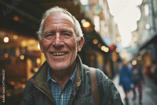 Portrait of happy senior man walking in the street in Paris, France