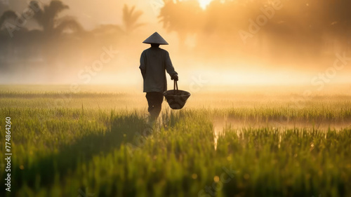 asian farmer on rice field at sunset