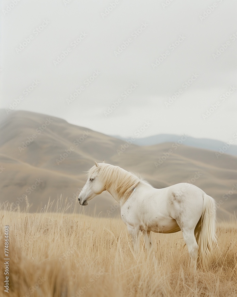 Obraz premium White horse, soft pastel colors, minimalism, sky blue background, serenity and calm, photography, long white mane, green grassy field with distant mountains, ethereal, dreamlike atmosphere
